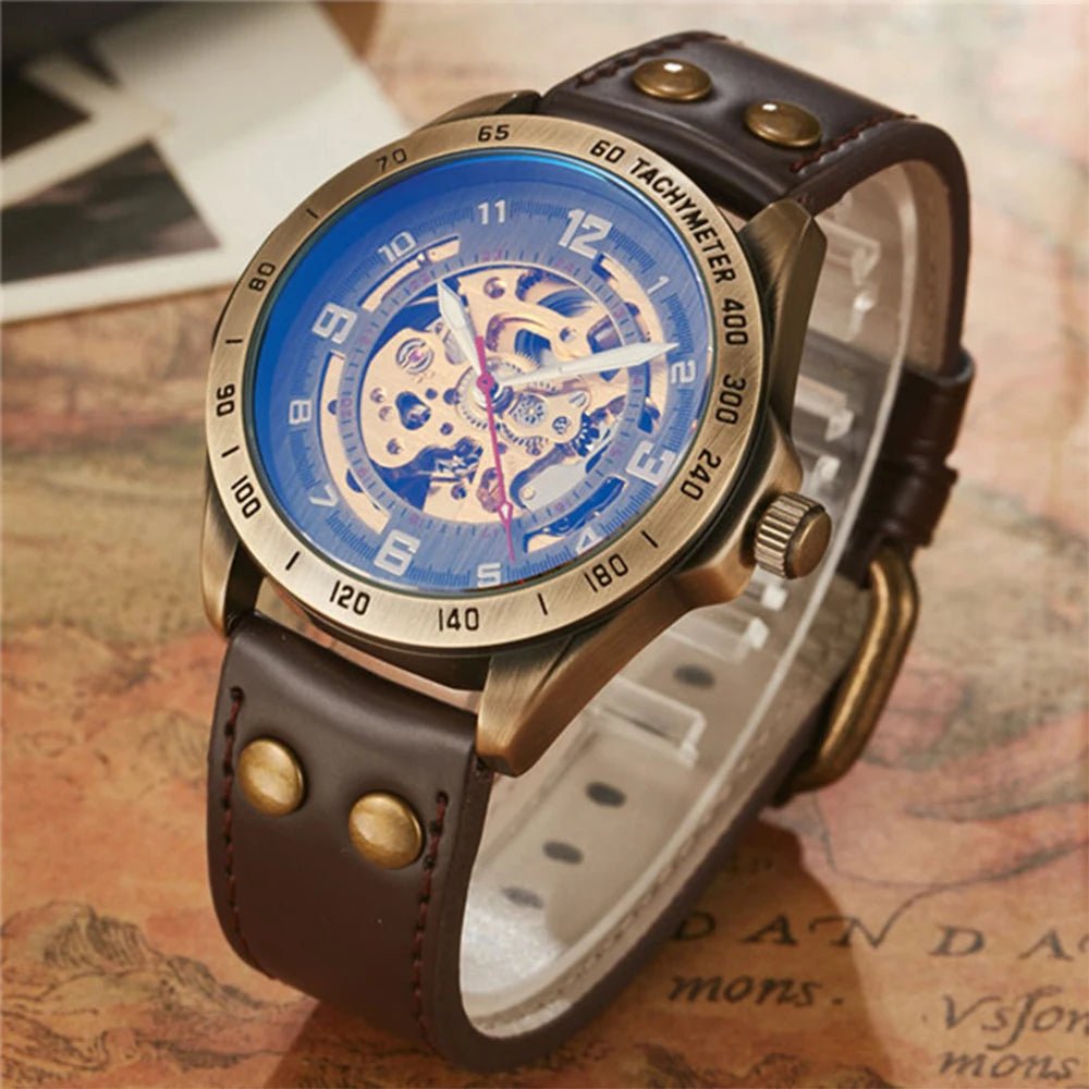 SaneShoppe-Men's Waterproof Automatic Mechanical Retro Watch with Genuine Leather Band