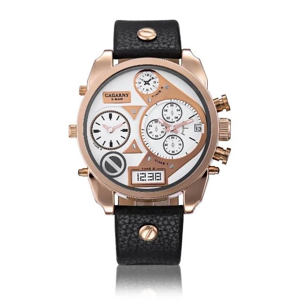 SaneShoppe-Cagarny Men's Leather Strap Dual Time Watch, Waterproof Quartz with Date - Luxury Gift