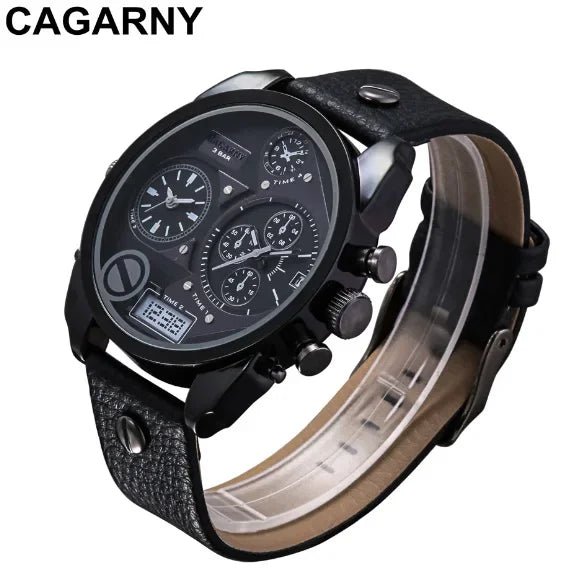 SaneShoppe-Cagarny Men's Leather Strap Dual Time Watch, Waterproof Quartz with Date - Luxury Gift