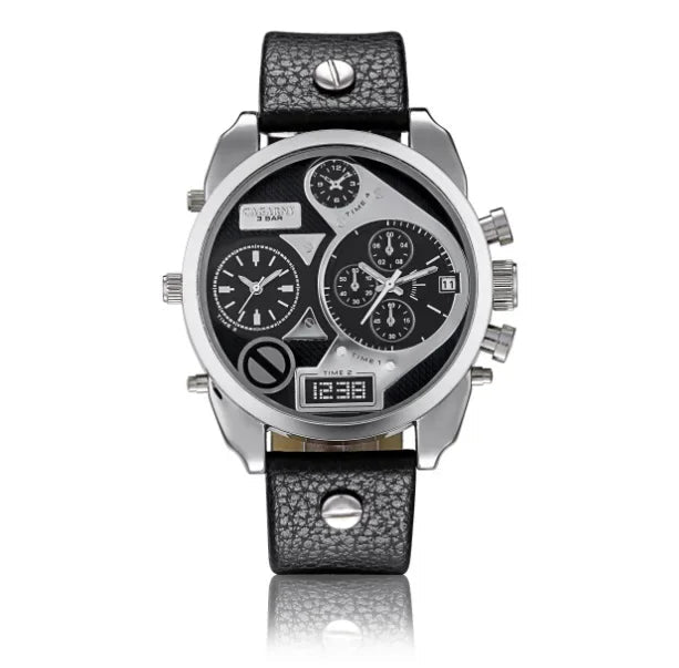 SaneShoppe-Cagarny Men's Leather Strap Dual Time Watch, Waterproof Quartz with Date - Luxury Gift