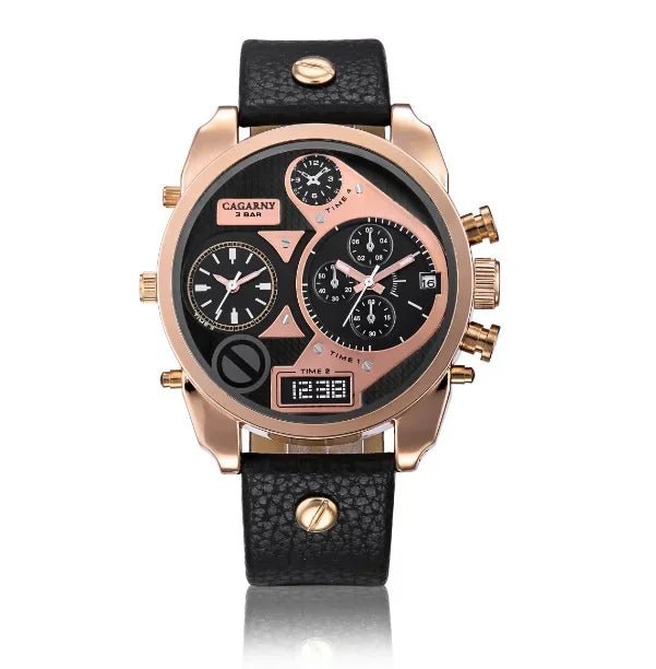 SaneShoppe-Cagarny Men's Leather Strap Dual Time Watch, Waterproof Quartz with Date - Luxury Gift