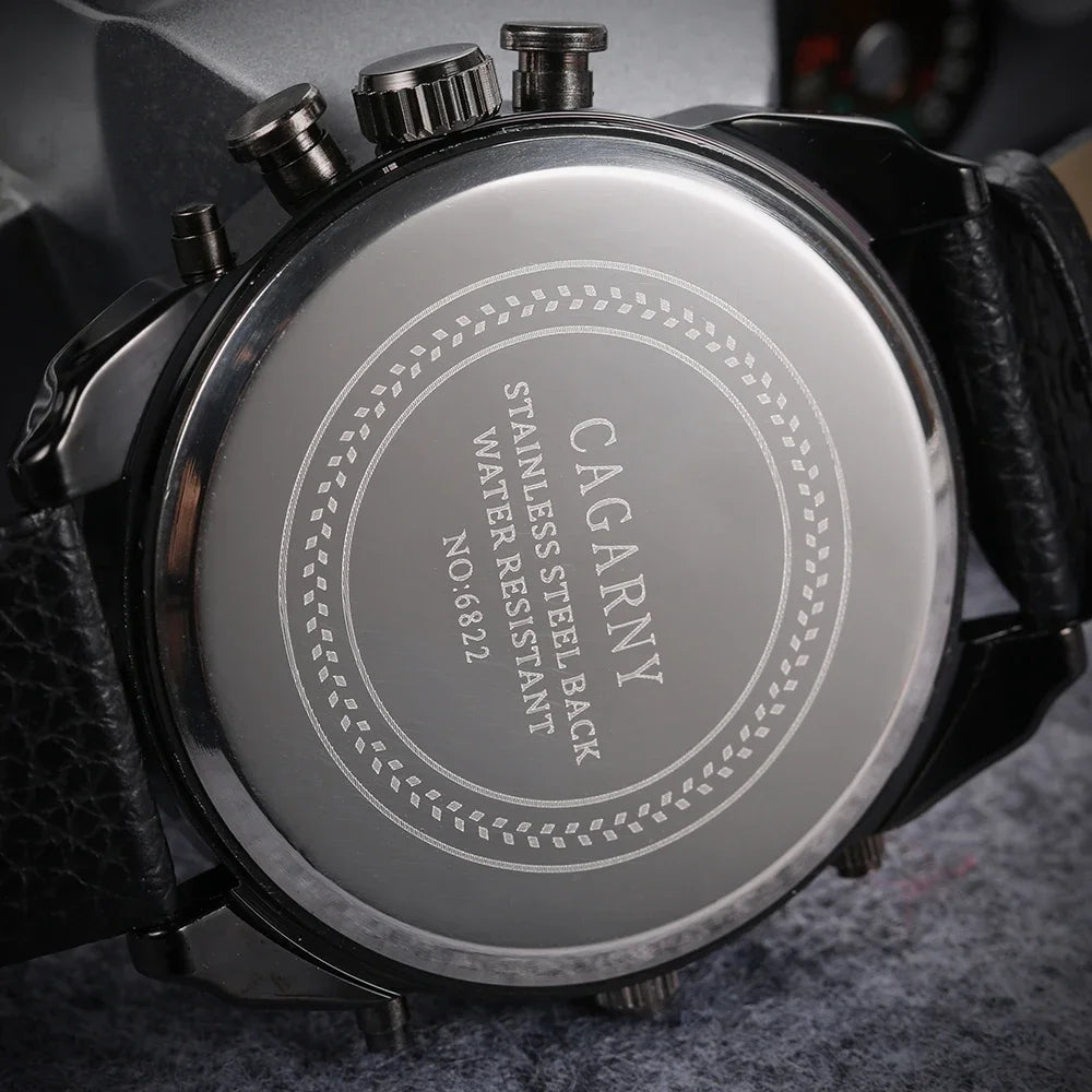 SaneShoppe-Cagarny Men's Leather Strap Dual Time Watch, Waterproof Quartz with Date - Luxury Gift