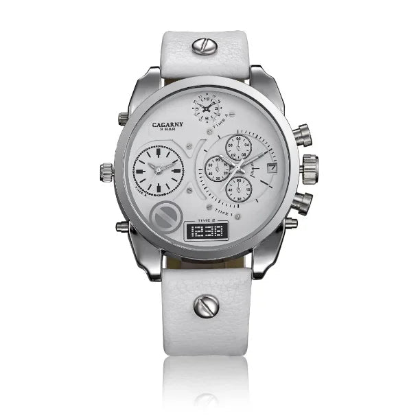 SaneShoppe-Cagarny Men's Leather Strap Dual Time Watch, Waterproof Quartz with Date - Luxury Gift