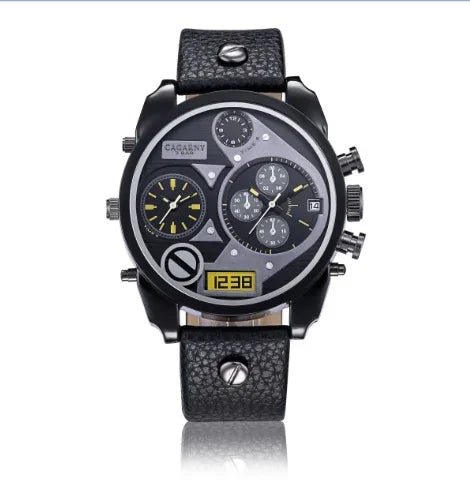 SaneShoppe-Cagarny Men's Leather Strap Dual Time Watch, Waterproof Quartz with Date - Luxury Gift