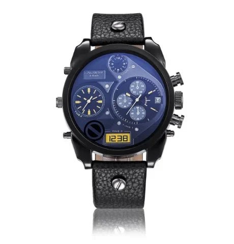SaneShoppe-Cagarny Men's Leather Strap Dual Time Watch, Waterproof Quartz with Date - Luxury Gift