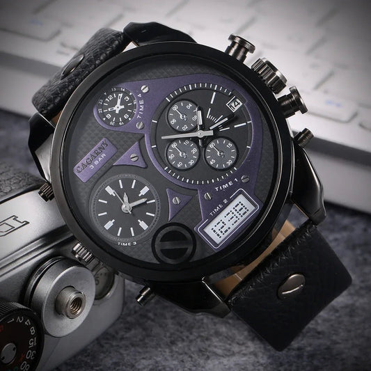 SaneShoppe-Cagarny Men's Leather Strap Dual Time Watch, Waterproof Quartz with Date - Luxury Gift