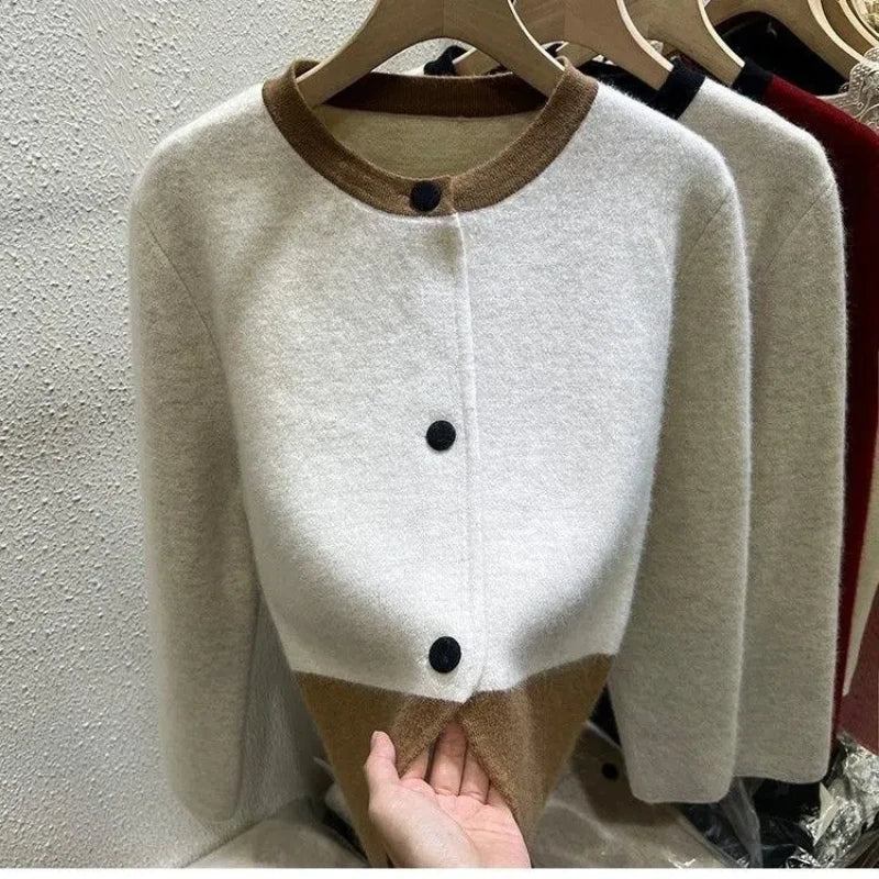 SaneShoppe - Xiaoxiangfeng Contrasting Color Sweater Jacket for Women in Autumn Winter Spring and Autumn Lazy Style Small Knitted Cardigan