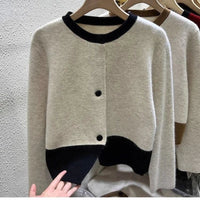 SaneShoppe - Xiaoxiangfeng Contrasting Color Sweater Jacket for Women in Autumn Winter Spring and Autumn Lazy Style Small Knitted Cardigan