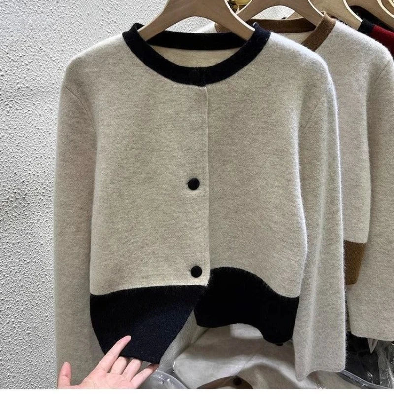 SaneShoppe - Xiaoxiangfeng Contrasting Color Sweater Jacket for Women in Autumn Winter Spring and Autumn Lazy Style Small Knitted Cardigan