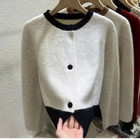 SaneShoppe - Xiaoxiangfeng Contrasting Color Sweater Jacket for Women in Autumn Winter Spring and Autumn Lazy Style Small Knitted Cardigan