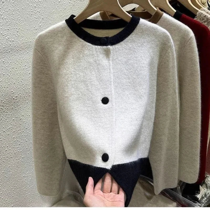 SaneShoppe - Xiaoxiangfeng Contrasting Color Sweater Jacket for Women in Autumn Winter Spring and Autumn Lazy Style Small Knitted Cardigan