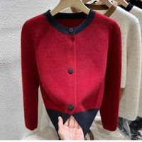 SaneShoppe - Xiaoxiangfeng Contrasting Color Sweater Jacket for Women in Autumn Winter Spring and Autumn Lazy Style Small Knitted Cardigan