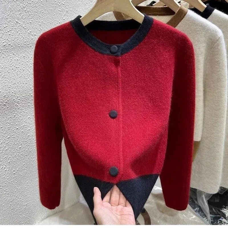 SaneShoppe - Xiaoxiangfeng Contrasting Color Sweater Jacket for Women in Autumn Winter Spring and Autumn Lazy Style Small Knitted Cardigan