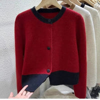 SaneShoppe - Xiaoxiangfeng Contrasting Color Sweater Jacket for Women in Autumn Winter Spring and Autumn Lazy Style Small Knitted Cardigan
