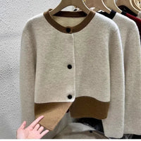 SaneShoppe - Xiaoxiangfeng Contrasting Color Sweater Jacket for Women in Autumn Winter Spring and Autumn Lazy Style Small Knitted Cardigan