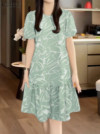 SaneShoppe - ZANZEA 2025 Summer Dress Women Stylish Printed Dresses Elegant Short Puff Sleeve Robe Casual O Neck Holiday Knee - length Vestidos