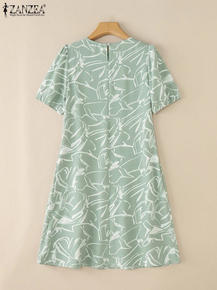 SaneShoppe - ZANZEA 2025 Summer Dress Women Stylish Printed Dresses Elegant Short Puff Sleeve Robe Casual O Neck Holiday Knee - length Vestidos
