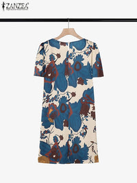SaneShoppe - ZANZEA Elegant Women Knee - length Dresses 2025 Fashion Casual Short Sleeve Floral Print Party Dress O - Neck Holiday Robes Femme