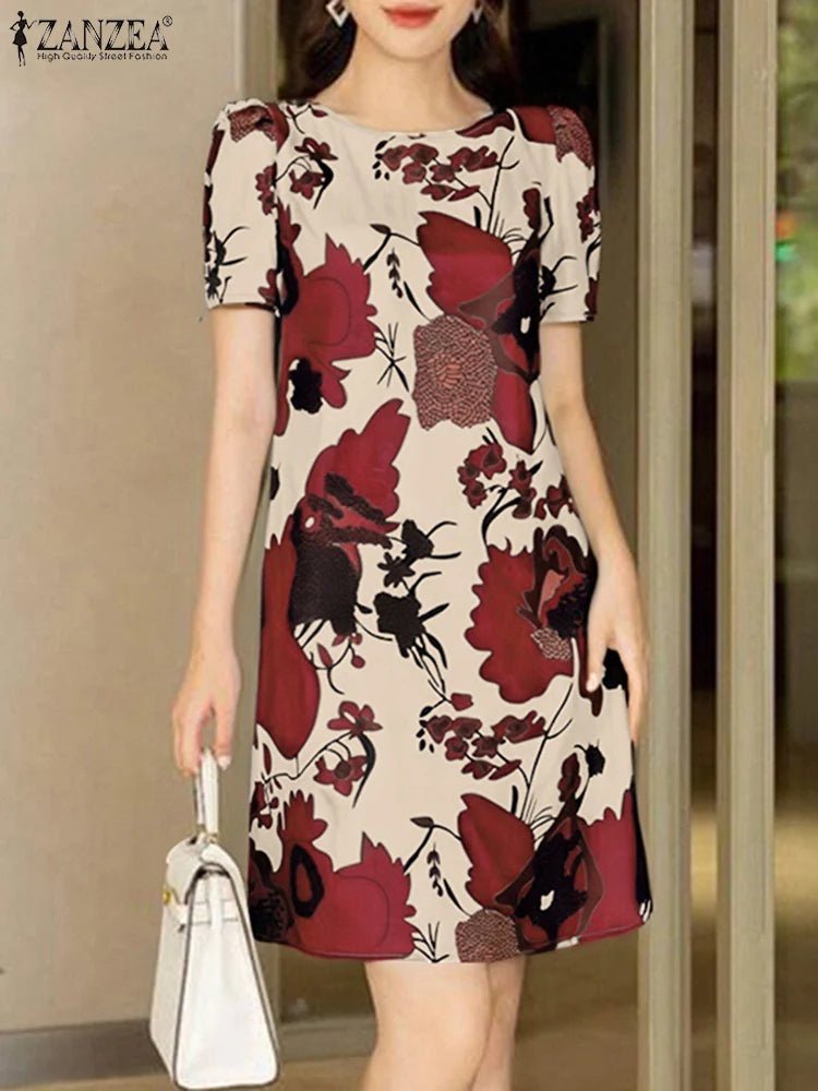 SaneShoppe - ZANZEA Elegant Women Knee - length Dresses 2025 Fashion Casual Short Sleeve Floral Print Party Dress O - Neck Holiday Robes Femme