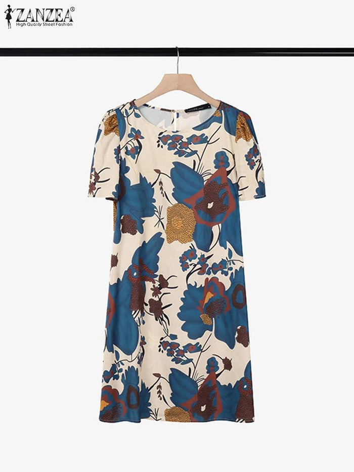 SaneShoppe - ZANZEA Elegant Women Knee - length Dresses 2025 Fashion Casual Short Sleeve Floral Print Party Dress O - Neck Holiday Robes Femme