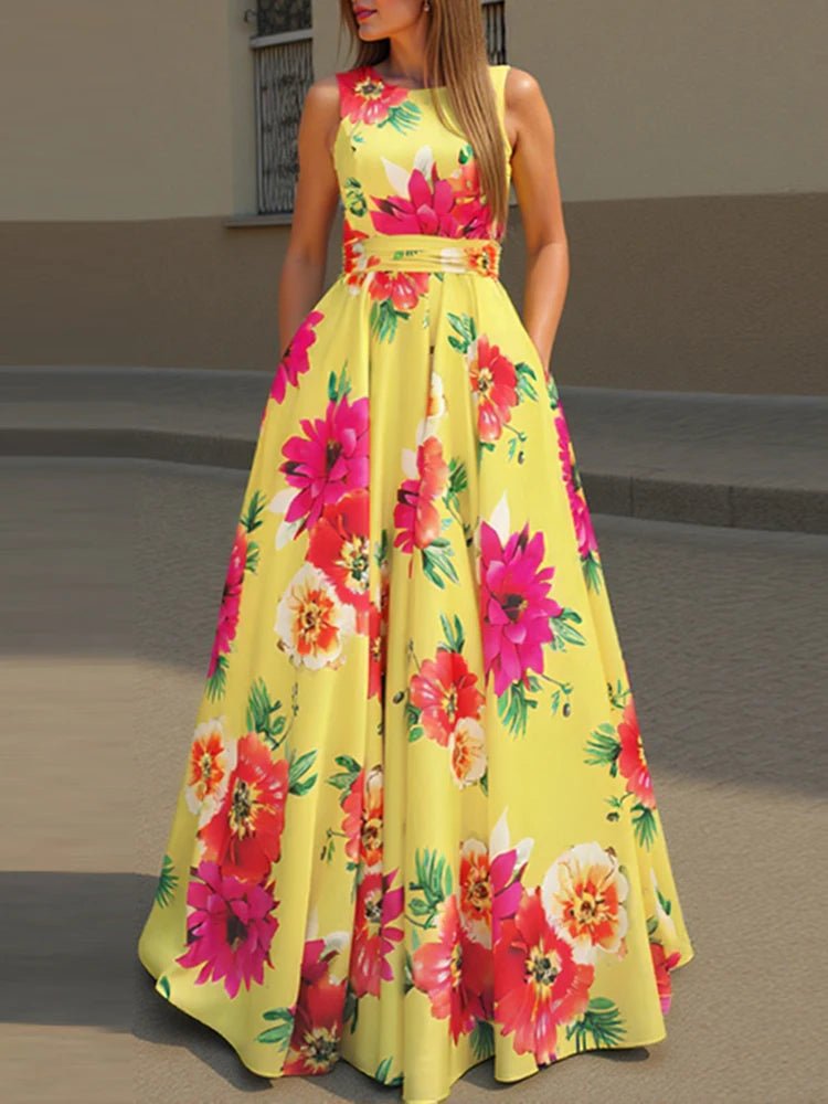 SaneShoppe - ZANZEA Women Floral Printed Bohemian Sundress 2026 Summer Tank Dress Fashion Sleeveless Waisted Robe Casual Party Maxi Dresses