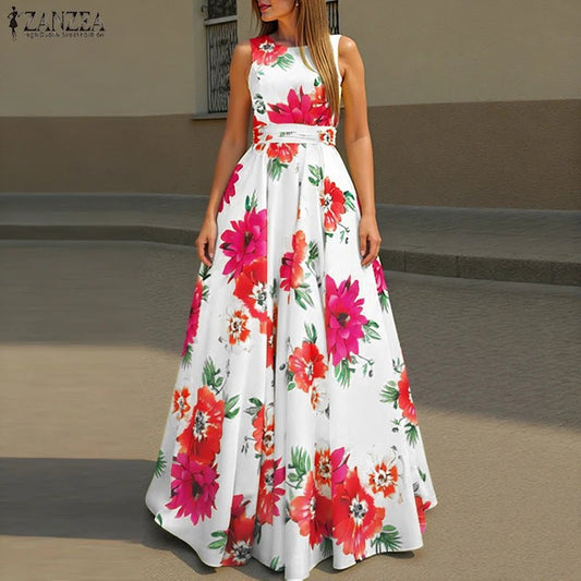 SaneShoppe - ZANZEA Women Floral Printed Bohemian Sundress 2026 Summer Tank Dress Fashion Sleeveless Waisted Robe Casual Party Maxi Dresses