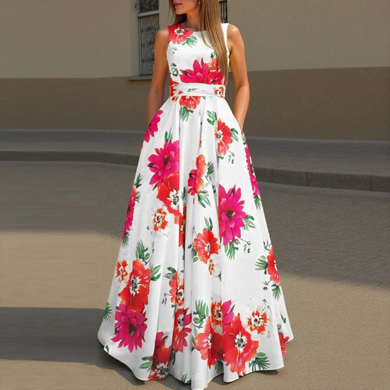 SaneShoppe - ZANZEA Women Floral Printed Bohemian Sundress 2026 Summer Tank Dress Fashion Sleeveless Waisted Robe Casual Party Maxi Dresses