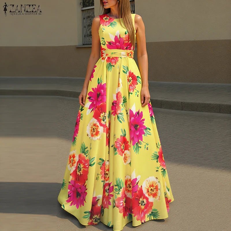 SaneShoppe - ZANZEA Women Floral Printed Bohemian Sundress 2026 Summer Tank Dress Fashion Sleeveless Waisted Robe Casual Party Maxi Dresses