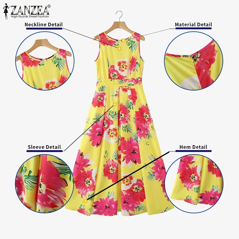 SaneShoppe - ZANZEA Women Floral Printed Bohemian Sundress 2026 Summer Tank Dress Fashion Sleeveless Waisted Robe Casual Party Maxi Dresses