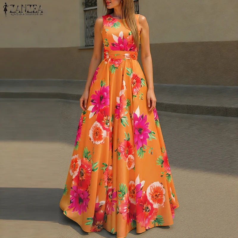 SaneShoppe - ZANZEA Women Floral Printed Bohemian Sundress 2026 Summer Tank Dress Fashion Sleeveless Waisted Robe Casual Party Maxi Dresses