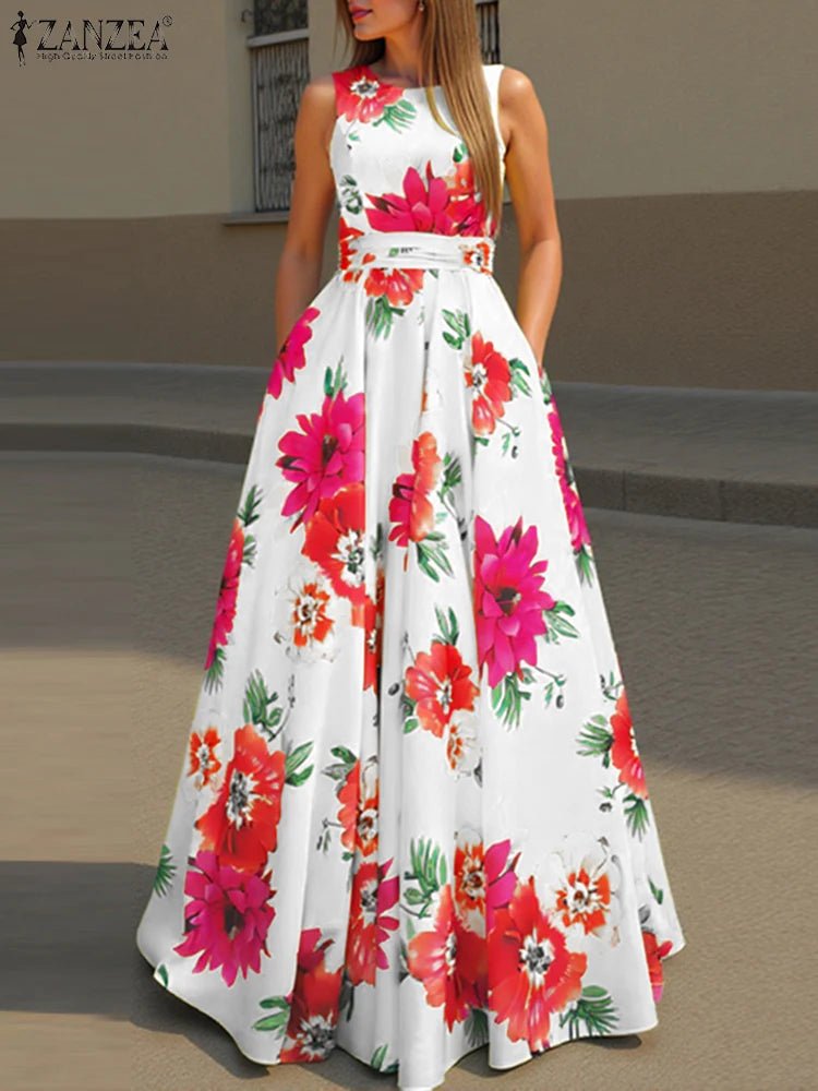 SaneShoppe - ZANZEA Women Floral Printed Bohemian Sundress 2026 Summer Tank Dress Fashion Sleeveless Waisted Robe Casual Party Maxi Dresses