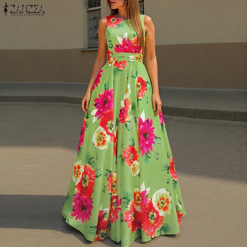 SaneShoppe - ZANZEA Women Floral Printed Bohemian Sundress 2026 Summer Tank Dress Fashion Sleeveless Waisted Robe Casual Party Maxi Dresses