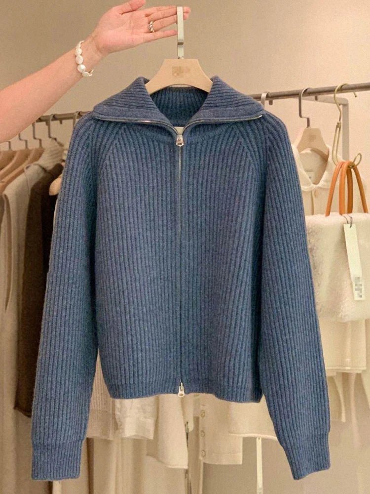 SaneShoppe - Zipper 100% pure cashmere cardigan ladies knitted coat thickened sweater lapel loose autumn and winter.