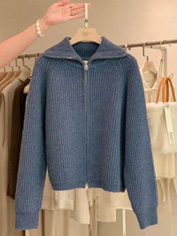 SaneShoppe - Zipper 100% pure cashmere cardigan ladies knitted coat thickened sweater lapel loose autumn and winter.