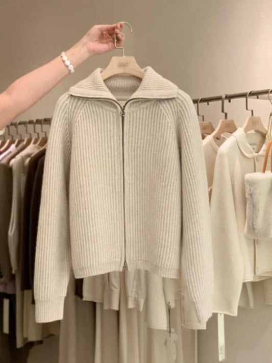 SaneShoppe - Zipper 100% pure cashmere cardigan ladies knitted coat thickened sweater lapel loose autumn and winter.