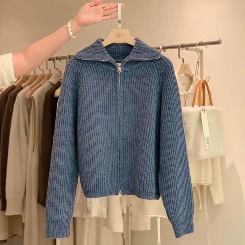 SaneShoppe - Zipper 100% pure cashmere cardigan ladies knitted coat thickened sweater lapel loose autumn and winter.