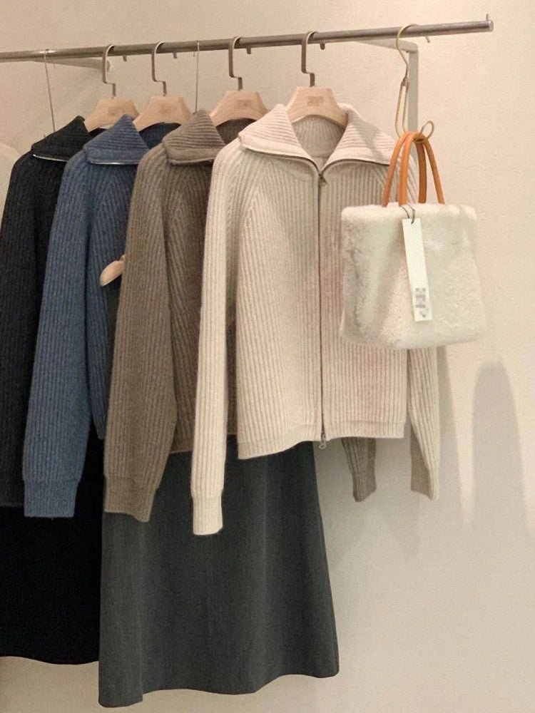 SaneShoppe - Zipper 100% pure cashmere cardigan ladies knitted coat thickened sweater lapel loose autumn and winter.