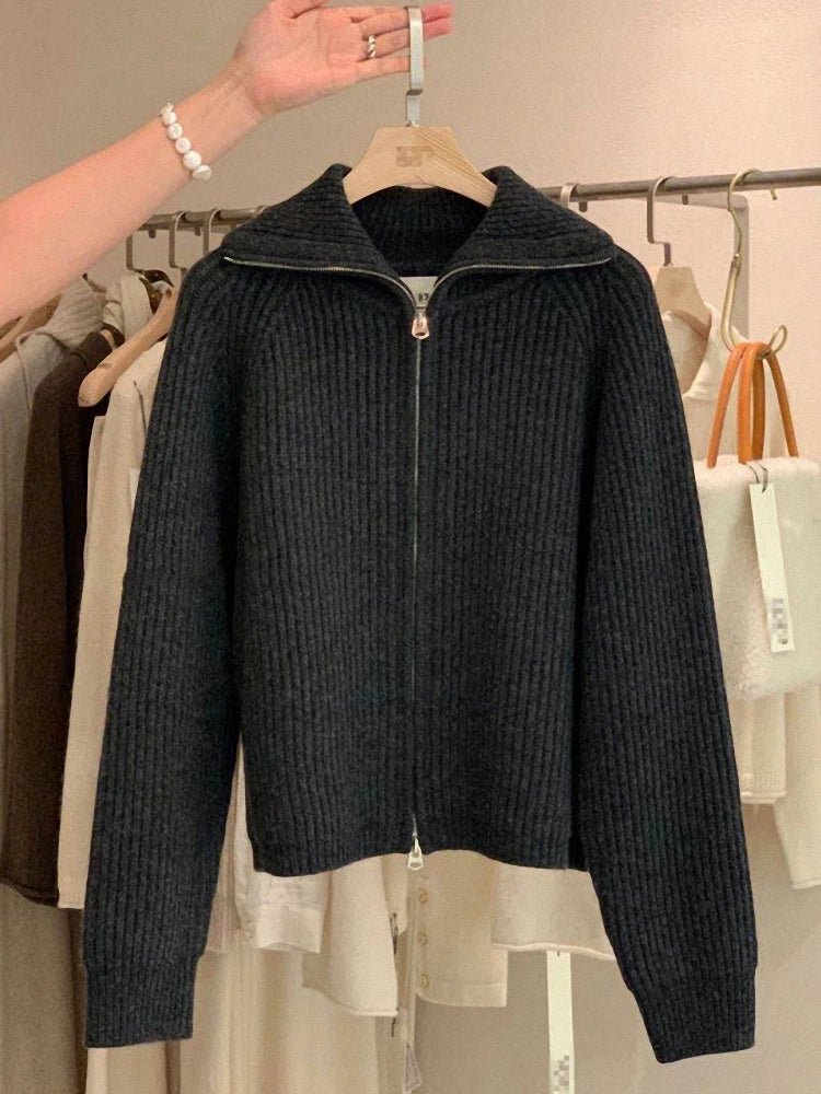 SaneShoppe - Zipper 100% pure cashmere cardigan ladies knitted coat thickened sweater lapel loose autumn and winter.