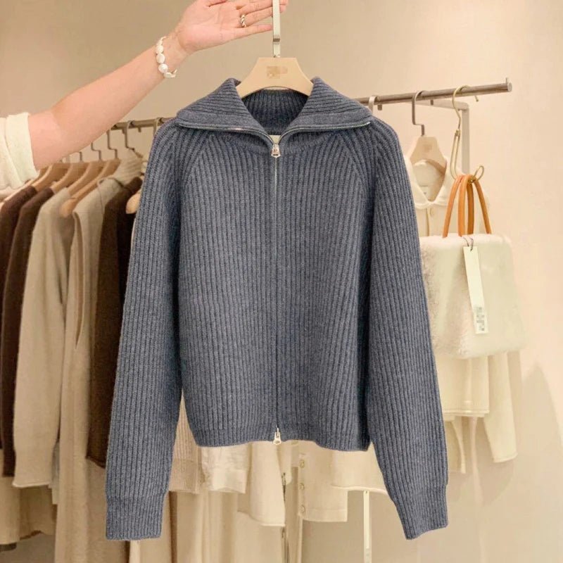 SaneShoppe - Zipper 100% pure cashmere cardigan ladies knitted coat thickened sweater lapel loose autumn and winter.