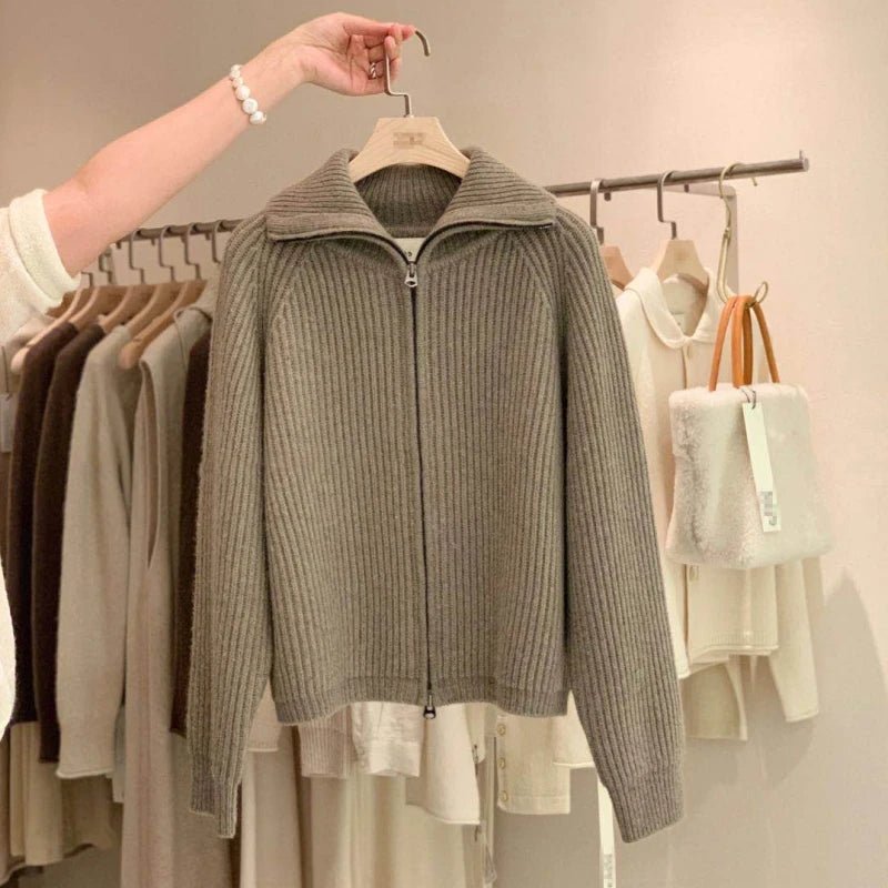 SaneShoppe - Zipper 100% pure cashmere cardigan ladies knitted coat thickened sweater lapel loose autumn and winter.