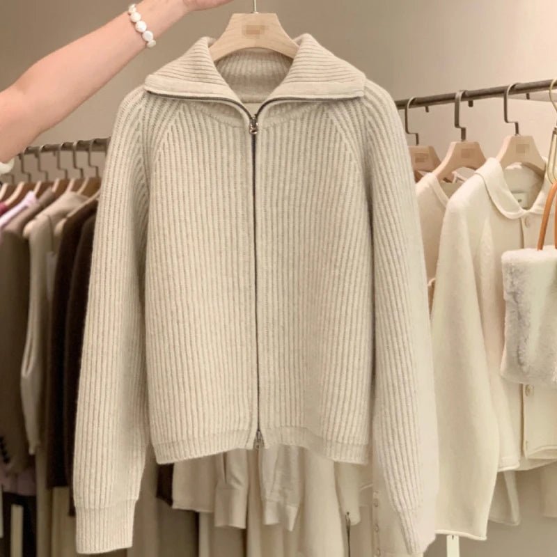 SaneShoppe - Zipper 100% pure cashmere cardigan ladies knitted coat thickened sweater lapel loose autumn and winter.