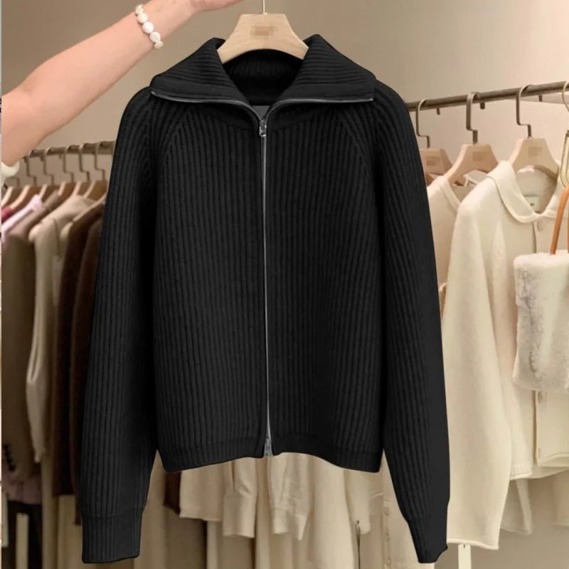SaneShoppe - Zipper 100% pure cashmere cardigan ladies knitted coat thickened sweater lapel loose autumn and winter.