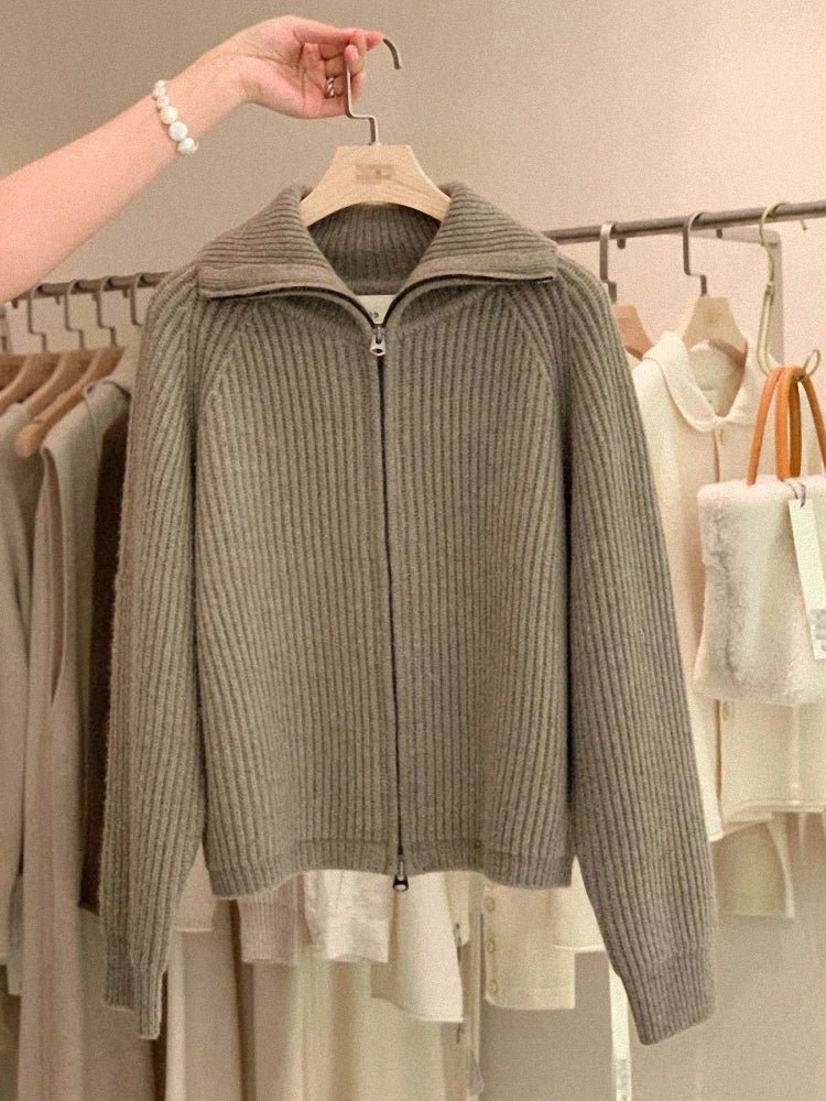 SaneShoppe - Zipper 100% pure cashmere cardigan ladies knitted coat thickened sweater lapel loose autumn and winter.