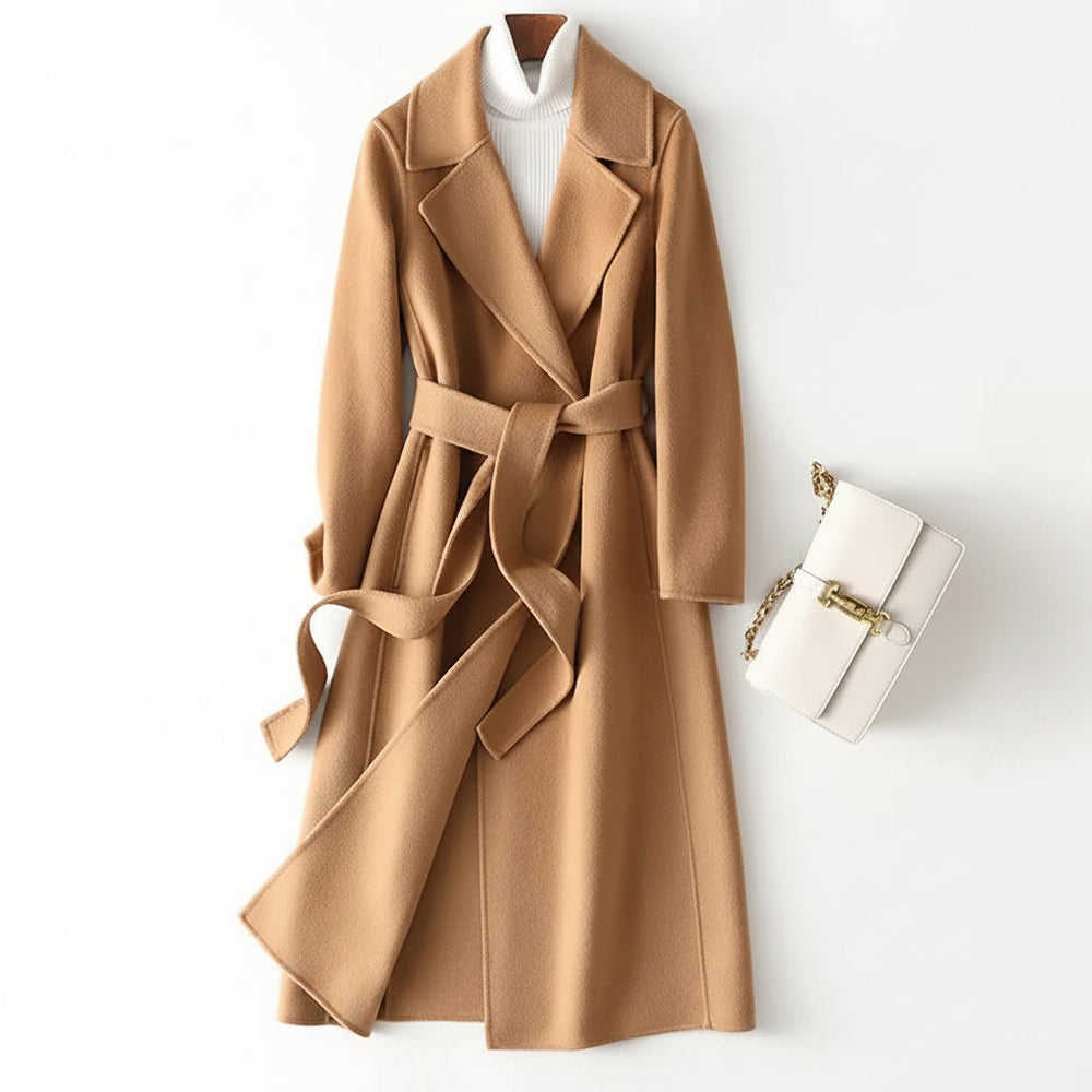 SaneShoppe - 2025 Autumn 100% Wool Coats With Belt Fashion Open Stitch Elegant Woolen Cashmere Coat Veste Femme Tops