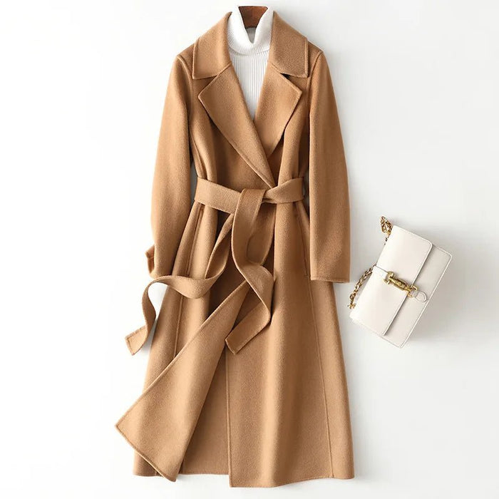 SaneShoppe - 2025 Autumn 100% Wool Coats With Belt Fashion Open Stitch Elegant Woolen Cashmere Coat Veste Femme Tops