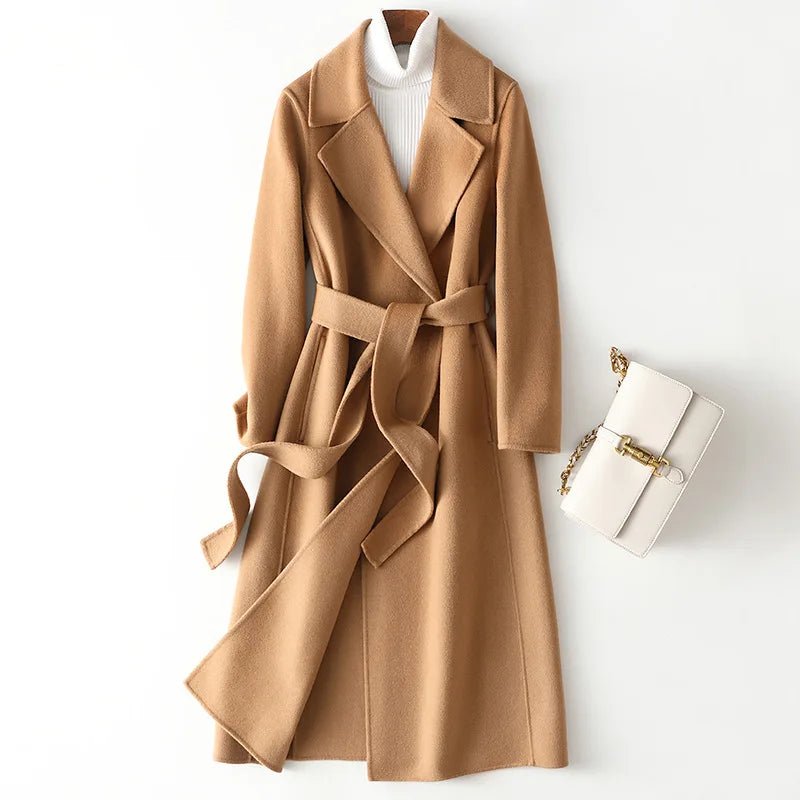 SaneShoppe - 2025 Autumn 100% Wool Coats With Belt Fashion Open Stitch Elegant Woolen Cashmere Coat Veste Femme Tops