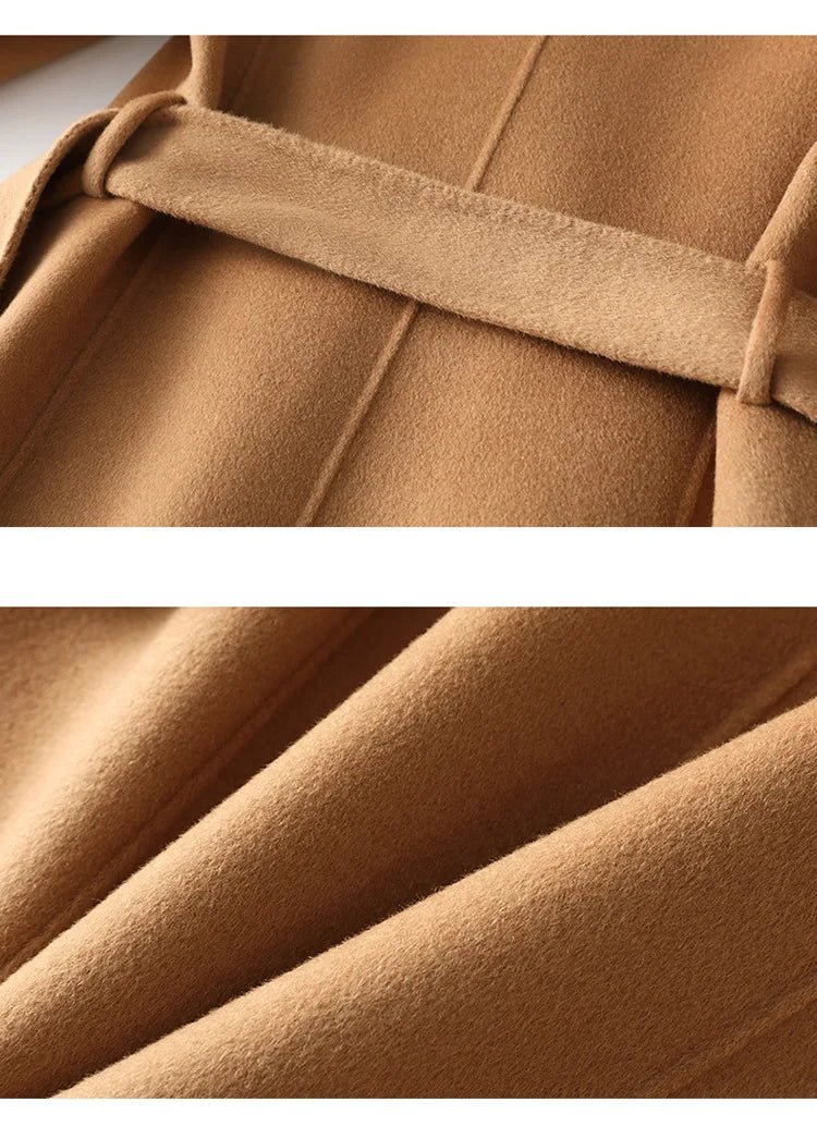 SaneShoppe - 2025 Autumn 100% Wool Coats With Belt Fashion Open Stitch Elegant Woolen Cashmere Coat Veste Femme Tops