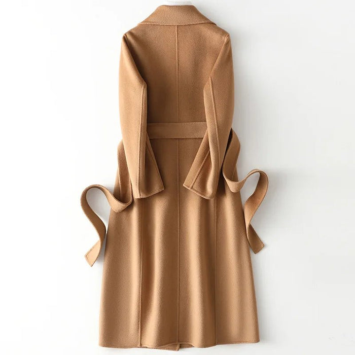 SaneShoppe - 2025 Autumn 100% Wool Coats With Belt Fashion Open Stitch Elegant Woolen Cashmere Coat Veste Femme Tops