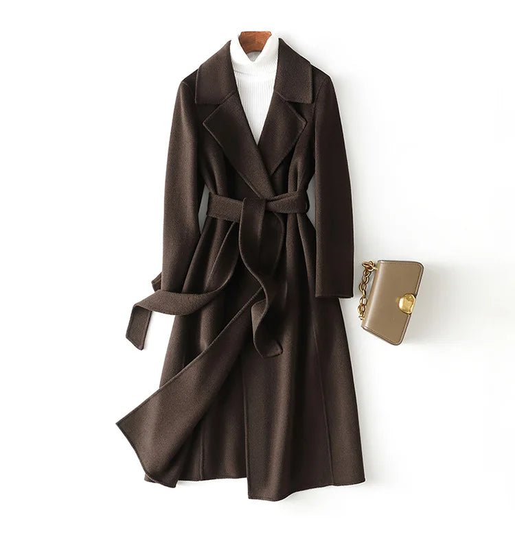 SaneShoppe - 2025 Autumn 100% Wool Coats With Belt Fashion Open Stitch Elegant Woolen Cashmere Coat Veste Femme Tops
