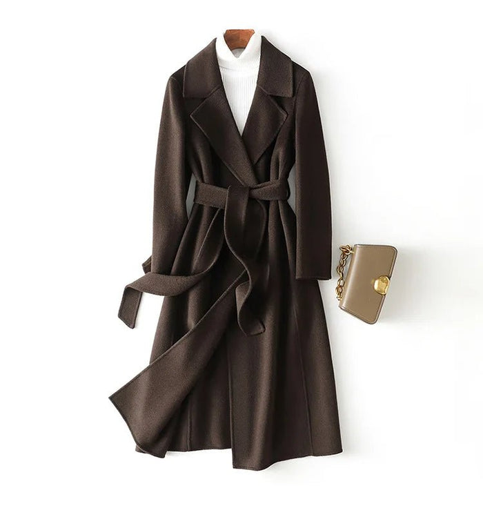 SaneShoppe - 2025 Autumn 100% Wool Coats With Belt Fashion Open Stitch Elegant Woolen Cashmere Coat Veste Femme Tops